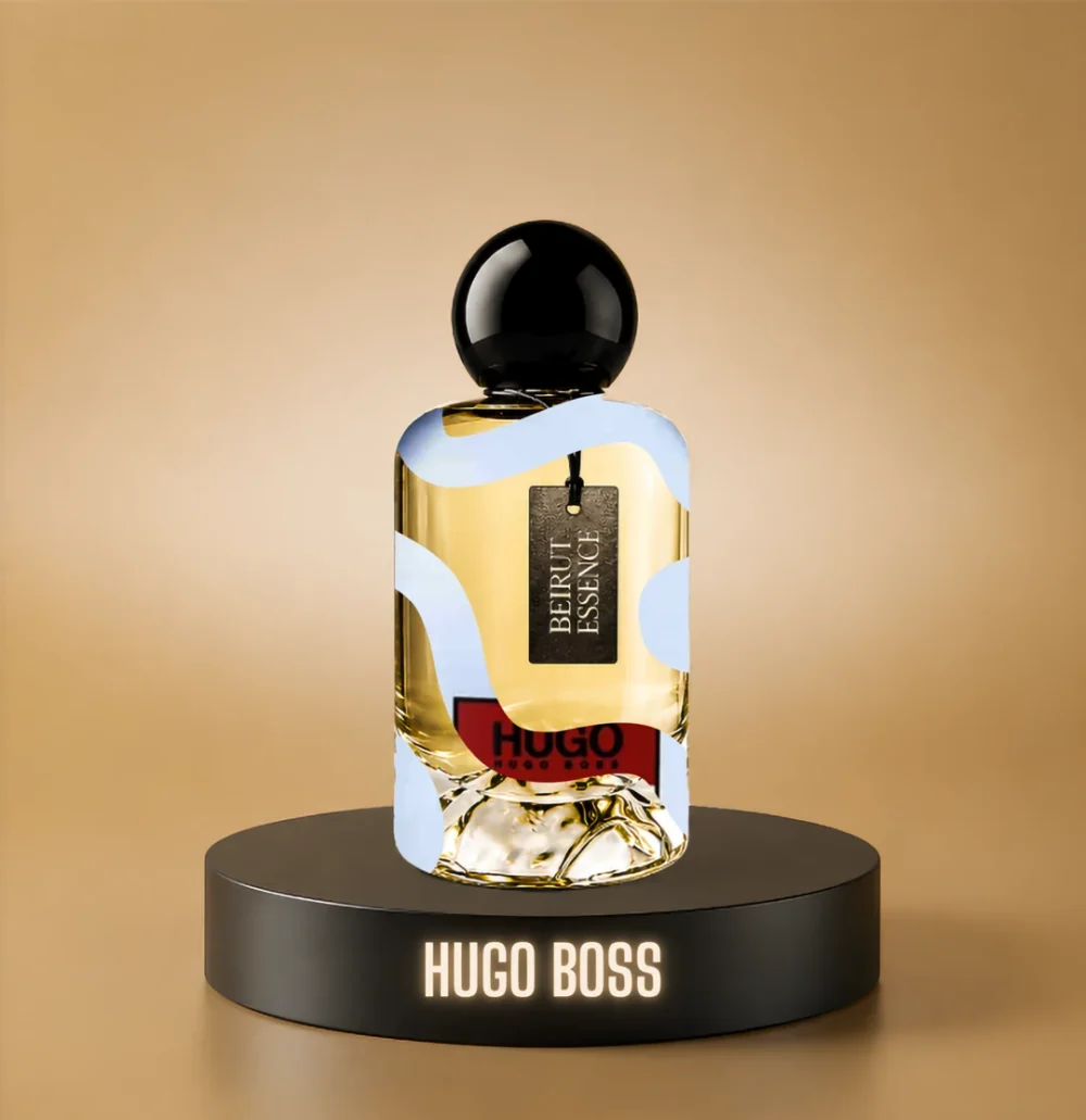 BeirutEssence fragrance inspired by Hugo Boss, photographed on a dark pedestal with a warm gold background