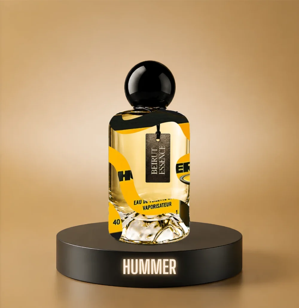 BeirutEssence fragrance inspired by Hummer, photographed on a dark pedestal with a warm gold background