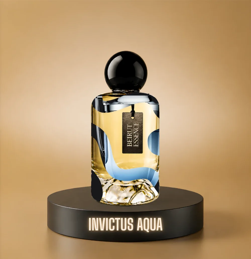 BeirutEssence fragrance inspired by Invictus Aqua, photographed on a dark pedestal with a warm gold background