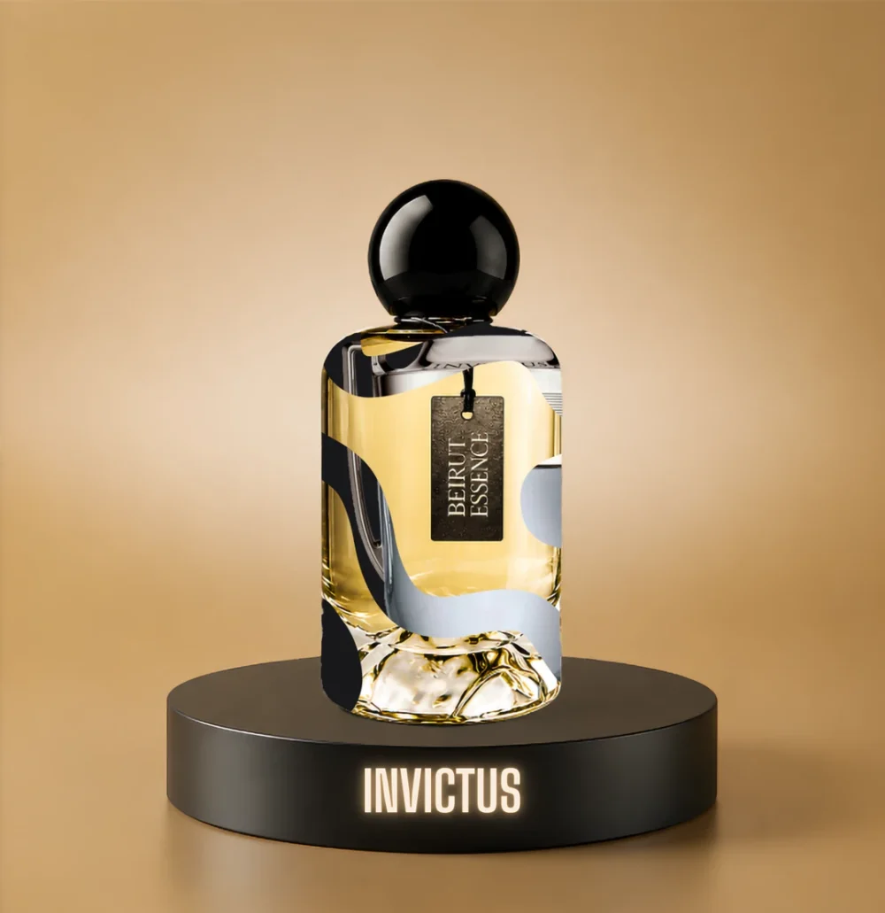 BeirutEssence fragrance inspired by Invictus, photographed on a dark pedestal with a warm gold background