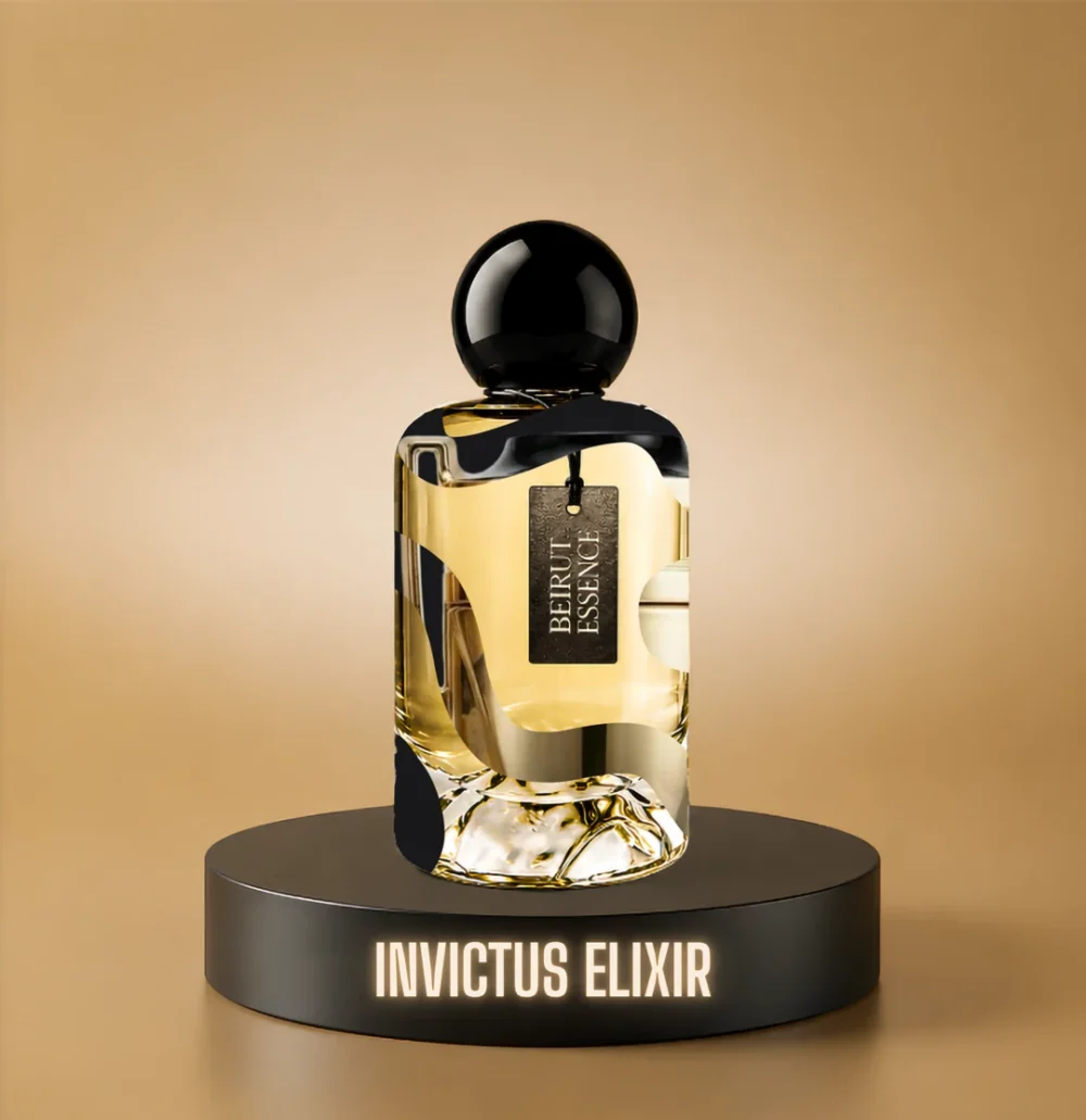 BeirutEssence fragrance inspired by Invictus Elixir, photographed on a dark pedestal with a warm gold background