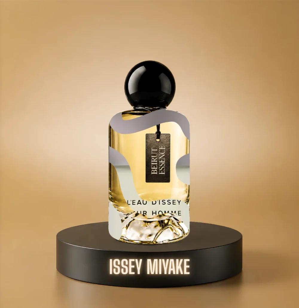 BeirutEssence fragrance inspired by Issey Miyake, photographed on a dark pedestal with a warm gold background