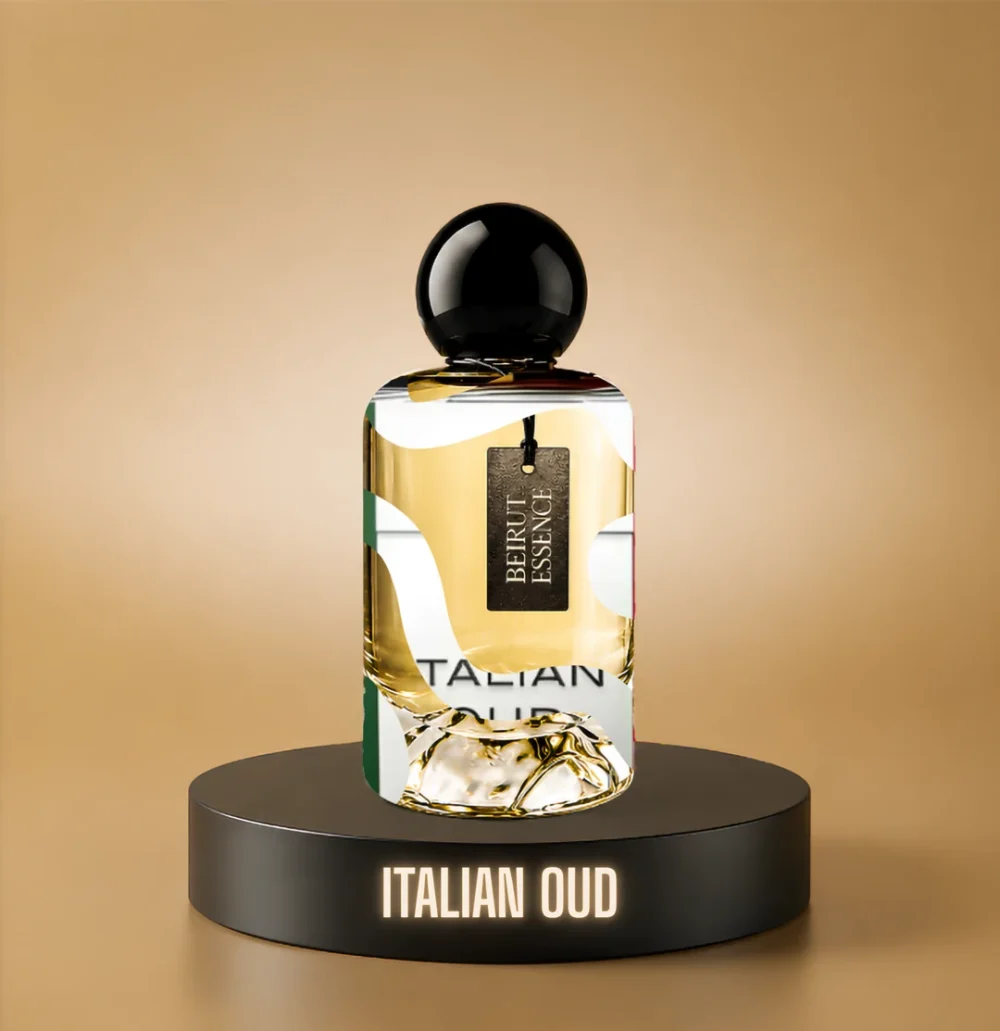 BeirutEssence fragrance inspired by Italian Oud, photographed on a dark pedestal with a warm gold background
