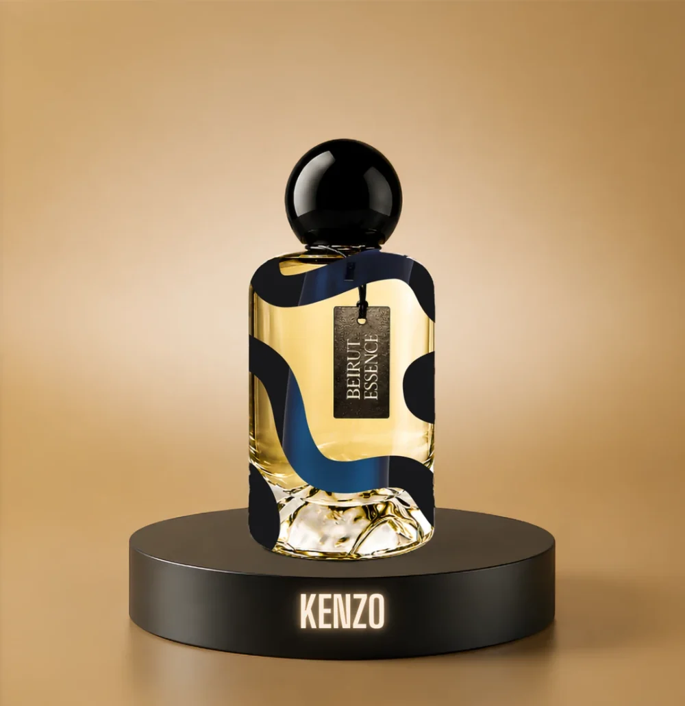 BeirutEssence fragrance inspired by Kenzo, photographed on a dark pedestal with a warm gold background