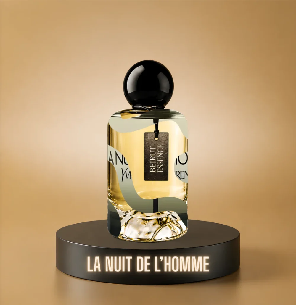 BeirutEssence fragrance inspired by La Nuit de L'Homme, photographed on a dark pedestal with a warm gold background