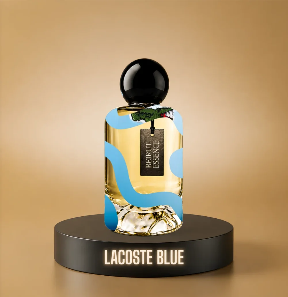 BeirutEssence fragrance inspired by Lacoste Blue, photographed on a dark pedestal with a warm gold background