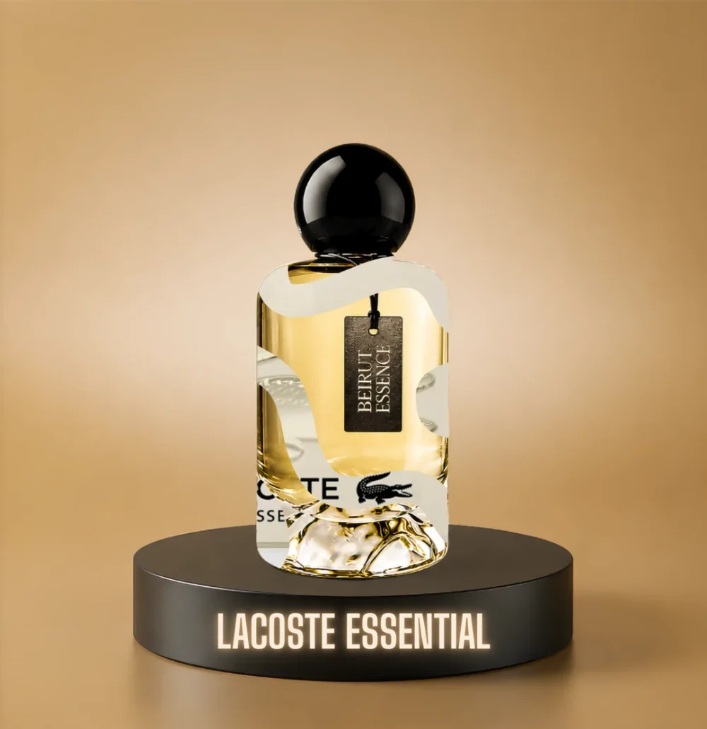 BeirutEssence fragrance inspired by Lacoste Essential, photographed on a dark pedestal with a warm gold background