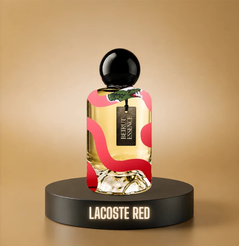 BeirutEssence fragrance inspired by Lacoste Red, photographed on a dark pedestal with a warm gold background