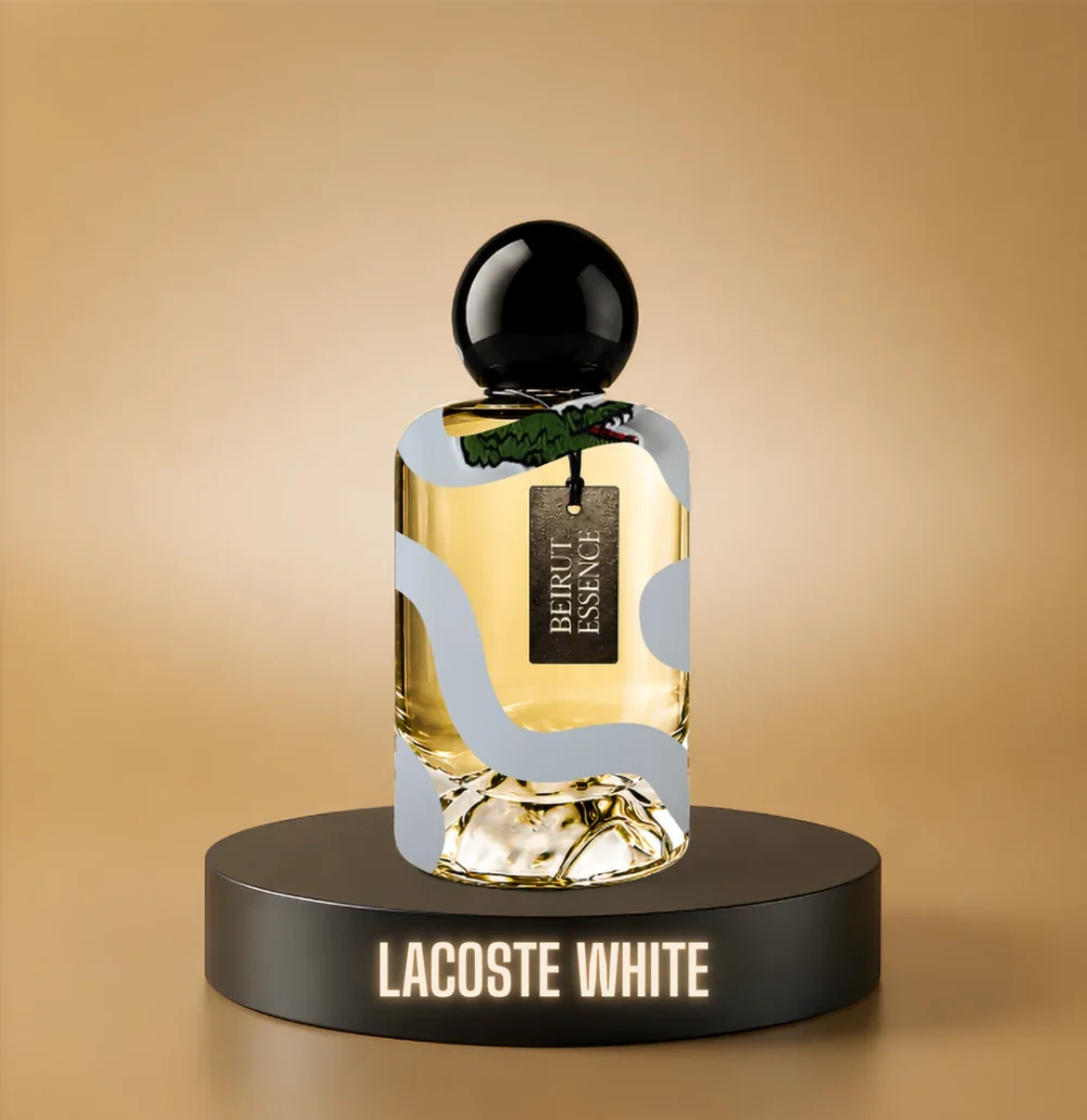 BeirutEssence fragrance inspired by Lacoste White, photographed on a dark pedestal with a warm gold background