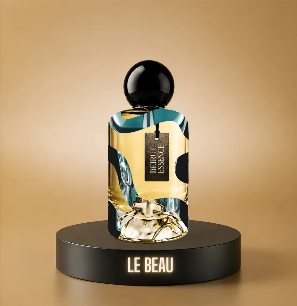 BeirutEssence fragrance inspired by Le Beau, photographed on a dark pedestal with a warm gold background