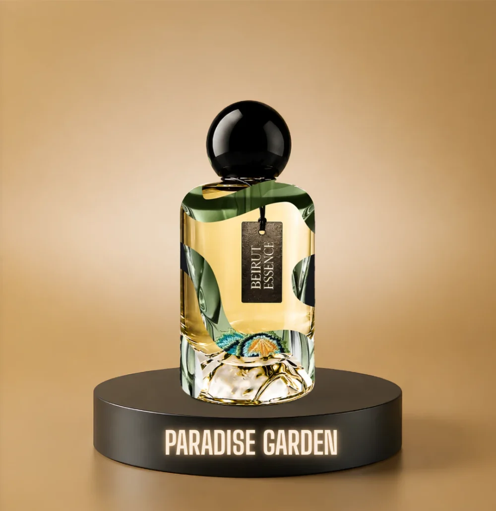 BeirutEssence fragrance inspired by Le Beau Paradise Garden, photographed on a dark pedestal with a warm gold background