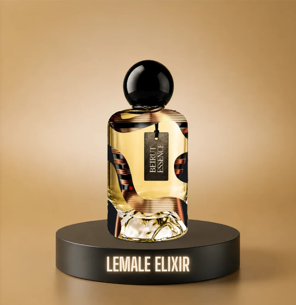 BeirutEssence fragrance inspired by Le Male Elixir, photographed on a dark pedestal with a warm gold background