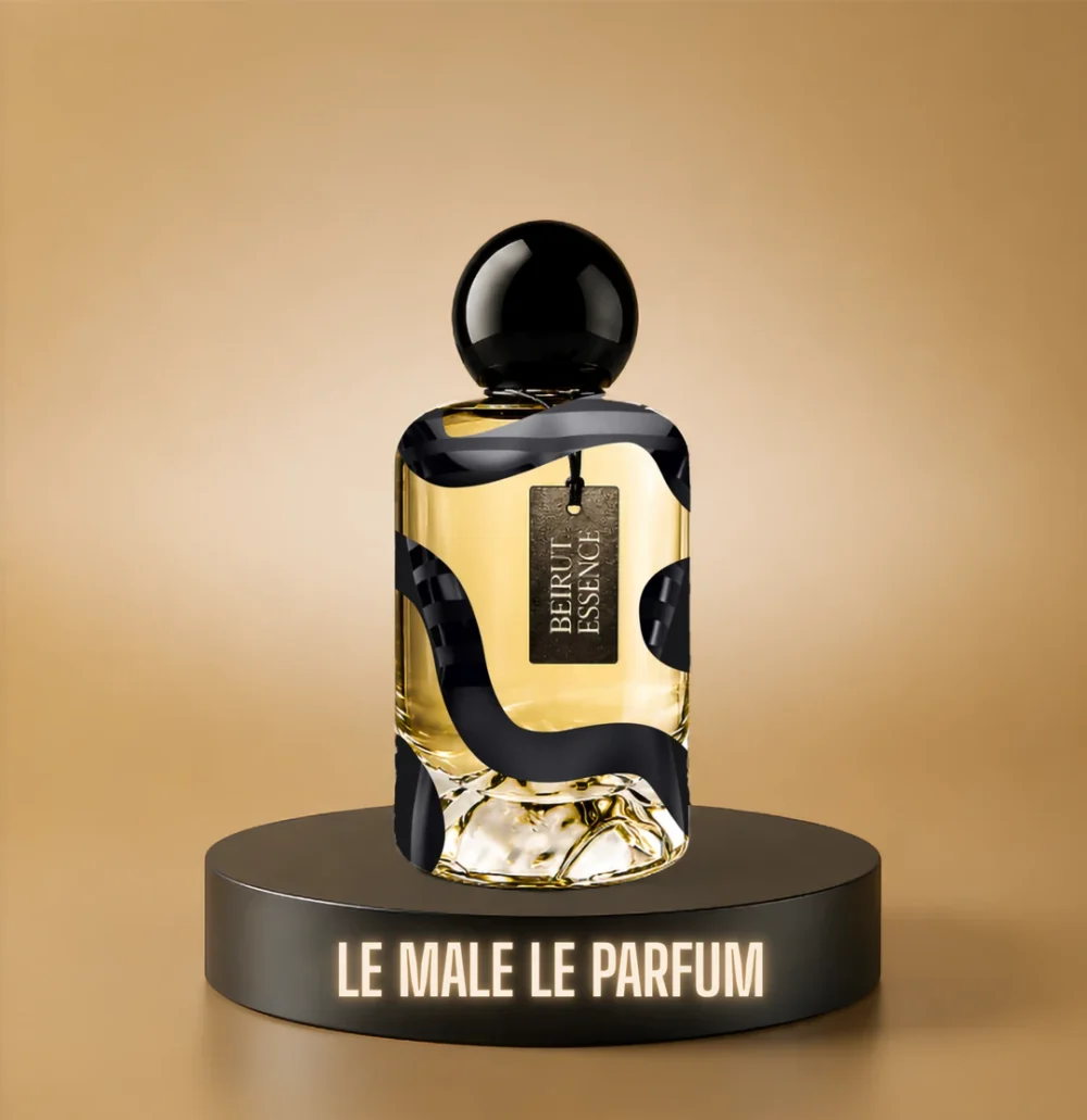 BeirutEssence fragrance inspired by Le Male Le Parfum, photographed on a dark pedestal with a warm gold background