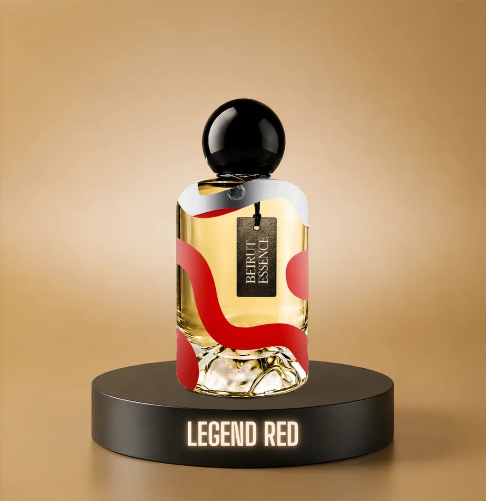 BeirutEssence fragrance inspired by Legend Red, photographed on a dark pedestal with a warm gold background