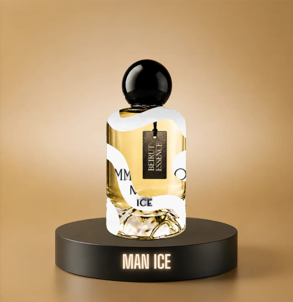 BeirutEssence fragrance inspired by Man Ice, photographed on a dark pedestal with a warm gold background