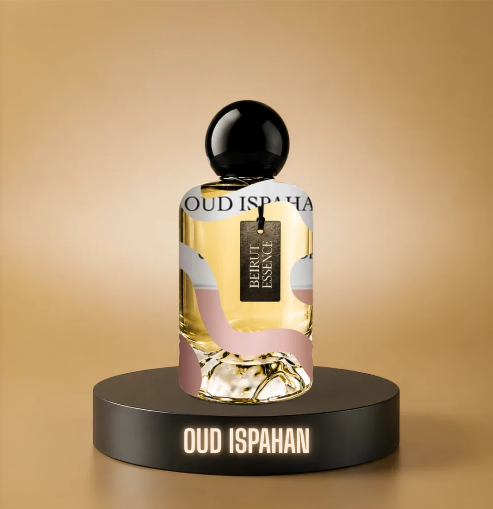 BeirutEssence fragrance inspired by Oud Ispahan, photographed on a dark pedestal with a warm gold background