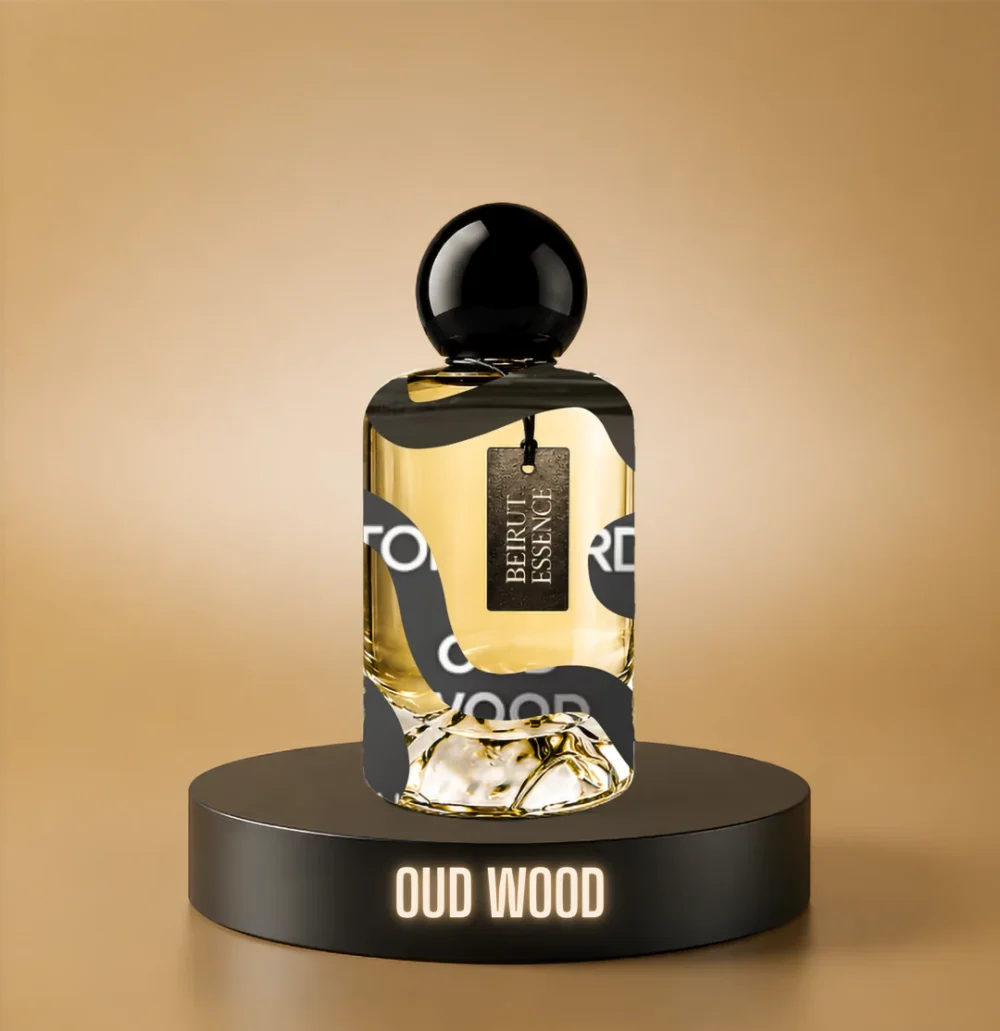 BeirutEssence fragrance inspired by Oud Wood, photographed on a dark pedestal with a warm gold background