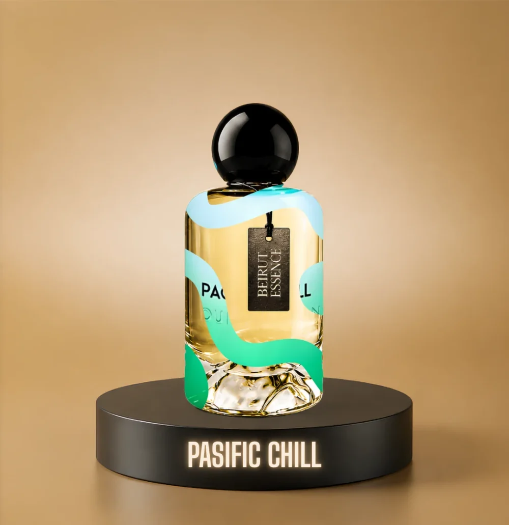 BeirutEssence fragrance inspired by Pacific Chill, photographed on a dark pedestal with a warm gold background