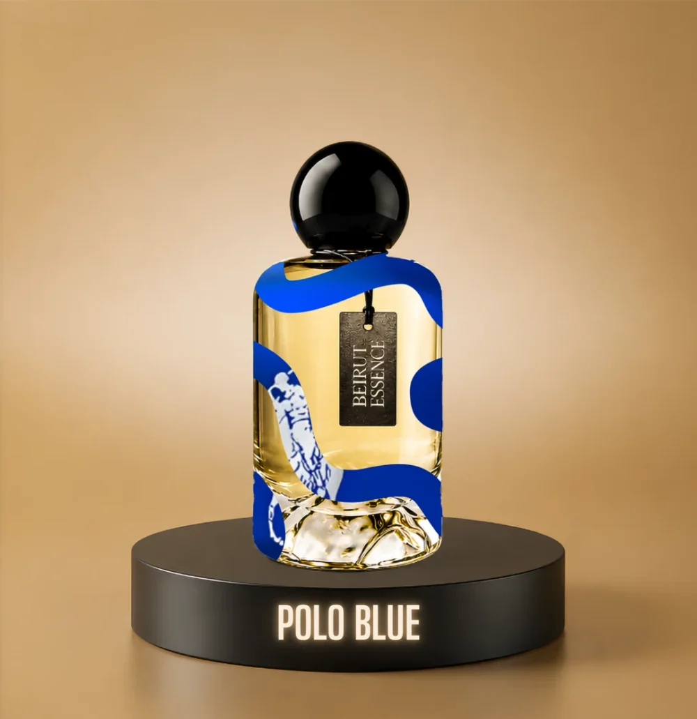 BeirutEssence fragrance inspired by Polo Blue, photographed on a dark pedestal with a warm gold background