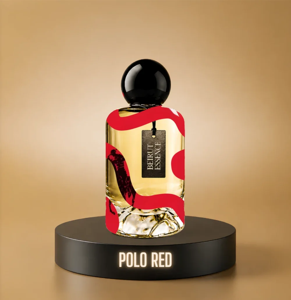BeirutEssence fragrance inspired by Polo Red, photographed on a dark pedestal with a warm gold background