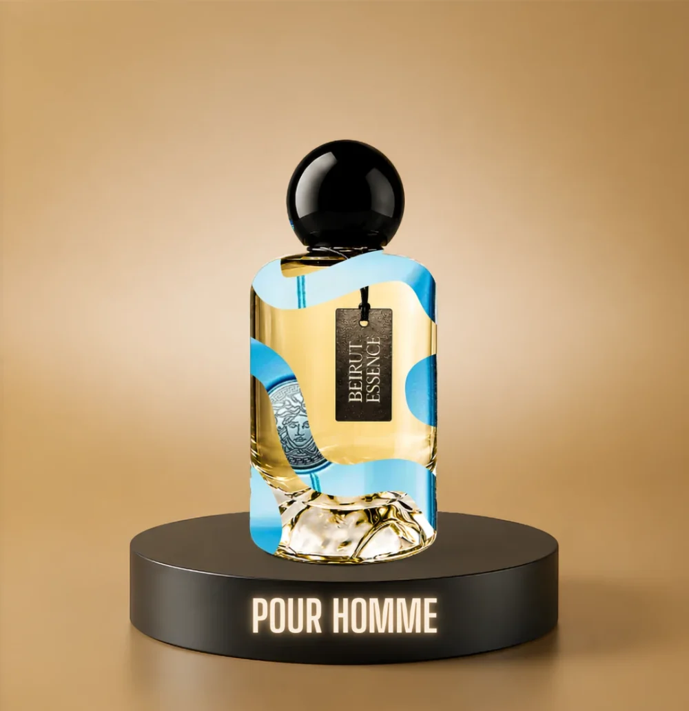 BeirutEssence fragrance inspired by Pour Homme, photographed on a dark pedestal with a warm gold background