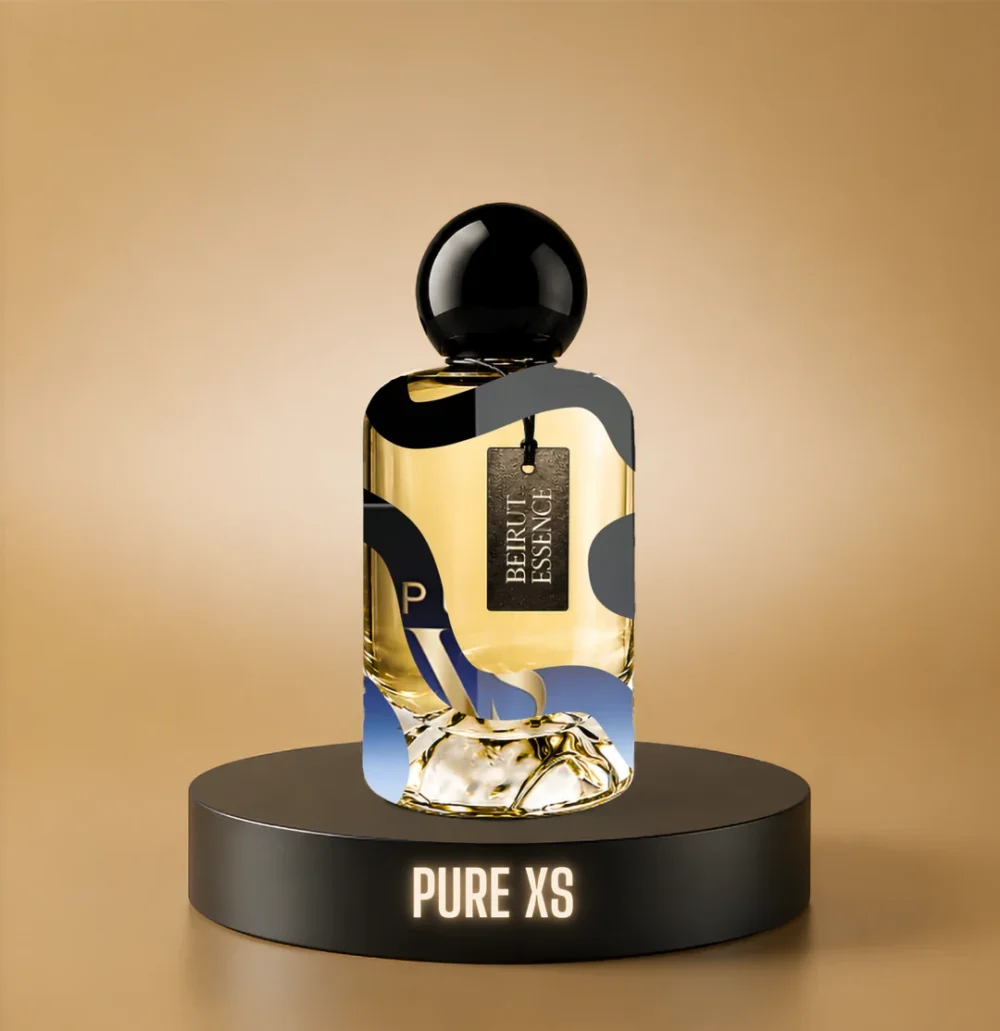 BeirutEssence fragrance inspired by Pure XS, photographed on a dark pedestal with a warm gold background