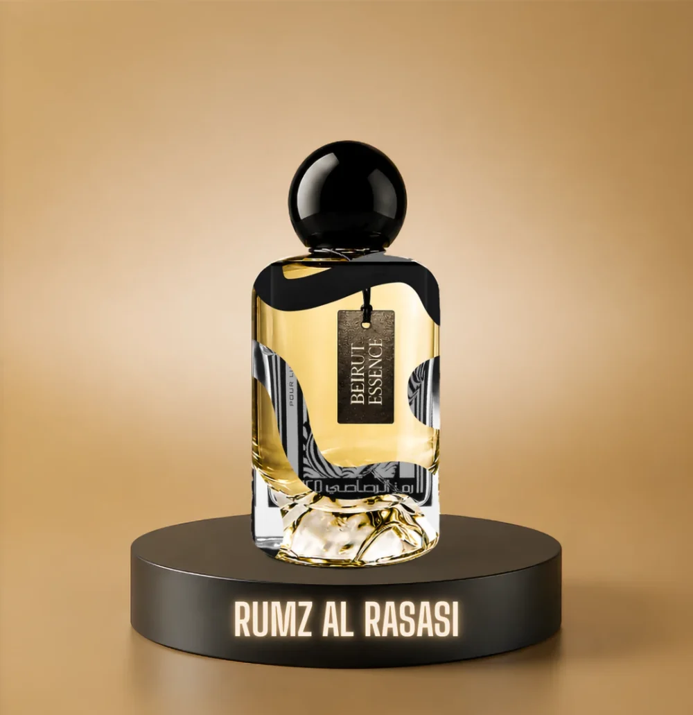BeirutEssence fragrance inspired by Rumz Al Rasasi, photographed on a dark pedestal with a warm gold background