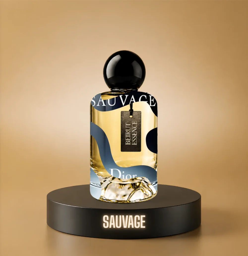 BeirutEssence fragrance inspired by Sauvage, photographed on a dark pedestal with a warm gold background