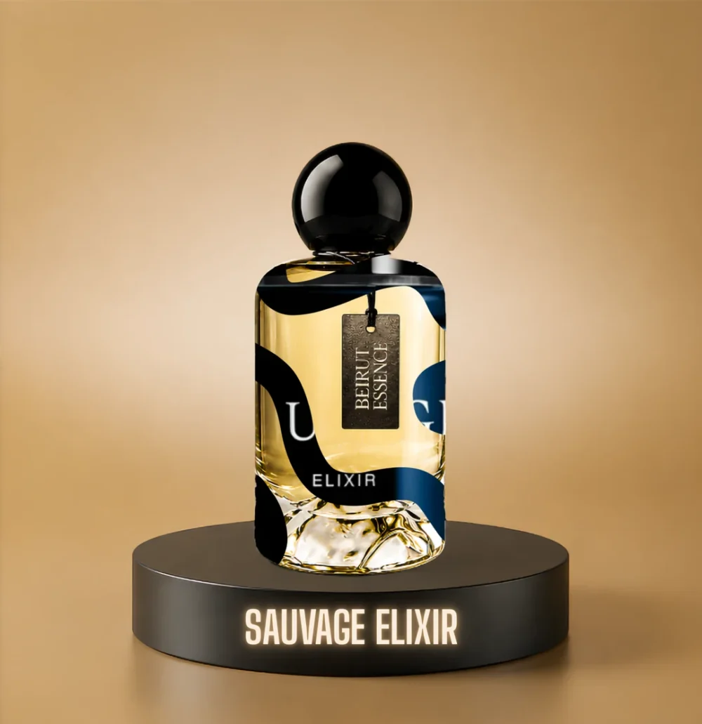 BeirutEssence fragrance inspired by Sauvage Elixir, photographed on a dark pedestal with a warm gold background