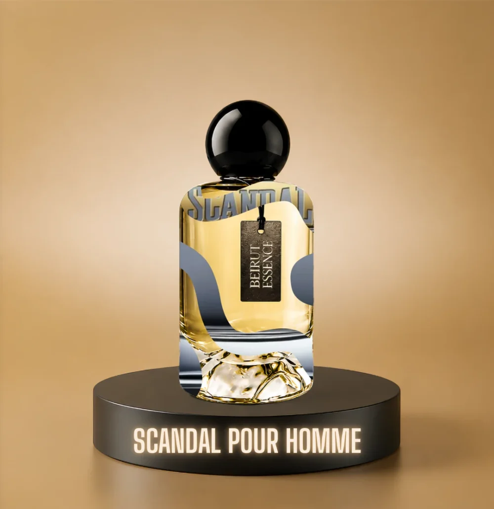 BeirutEssence fragrance inspired by Scandal Pour Homme, photographed on a dark pedestal with a warm gold background