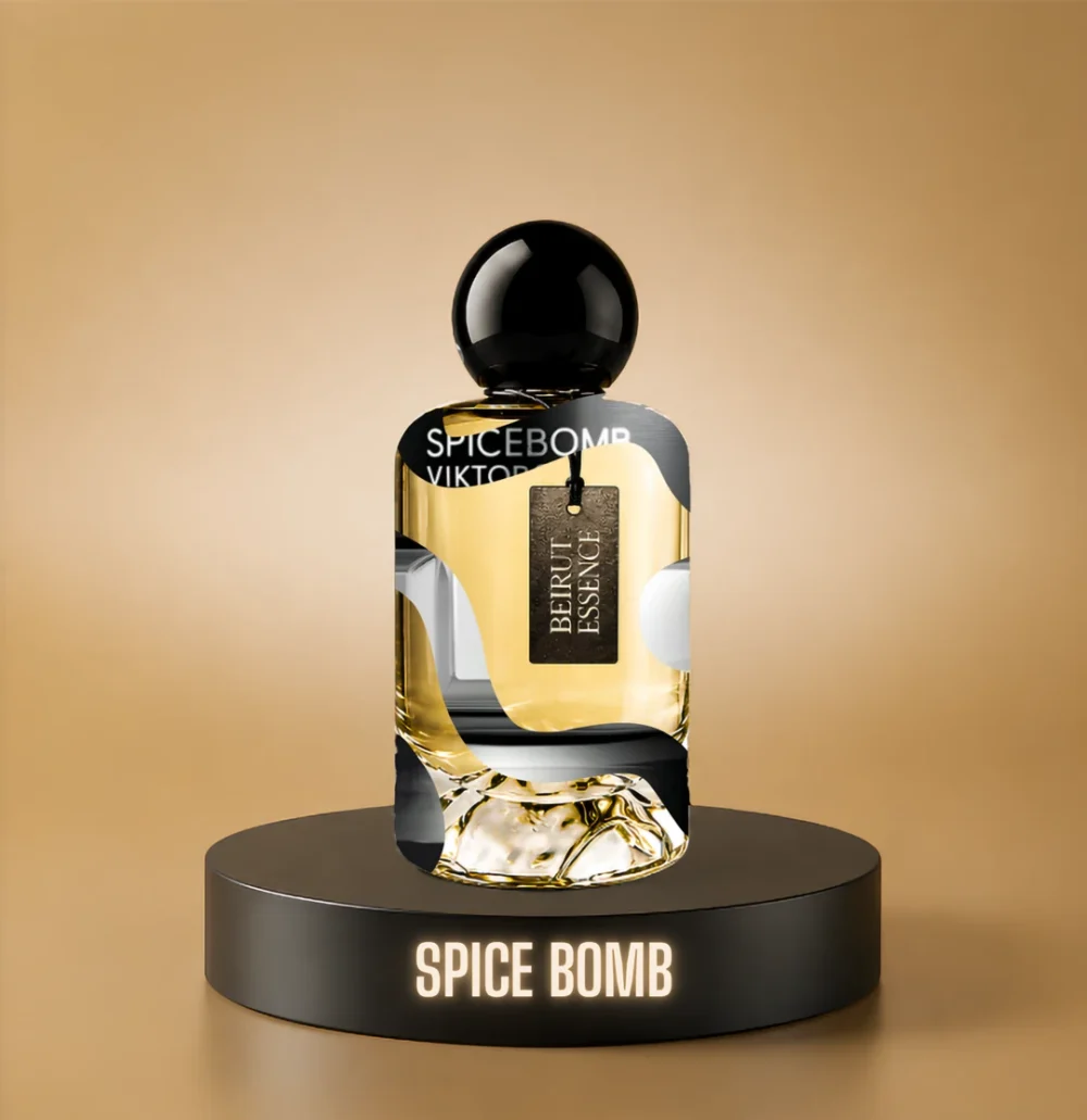 BeirutEssence fragrance inspired by Spicebomb, photographed on a dark pedestal with a warm gold background