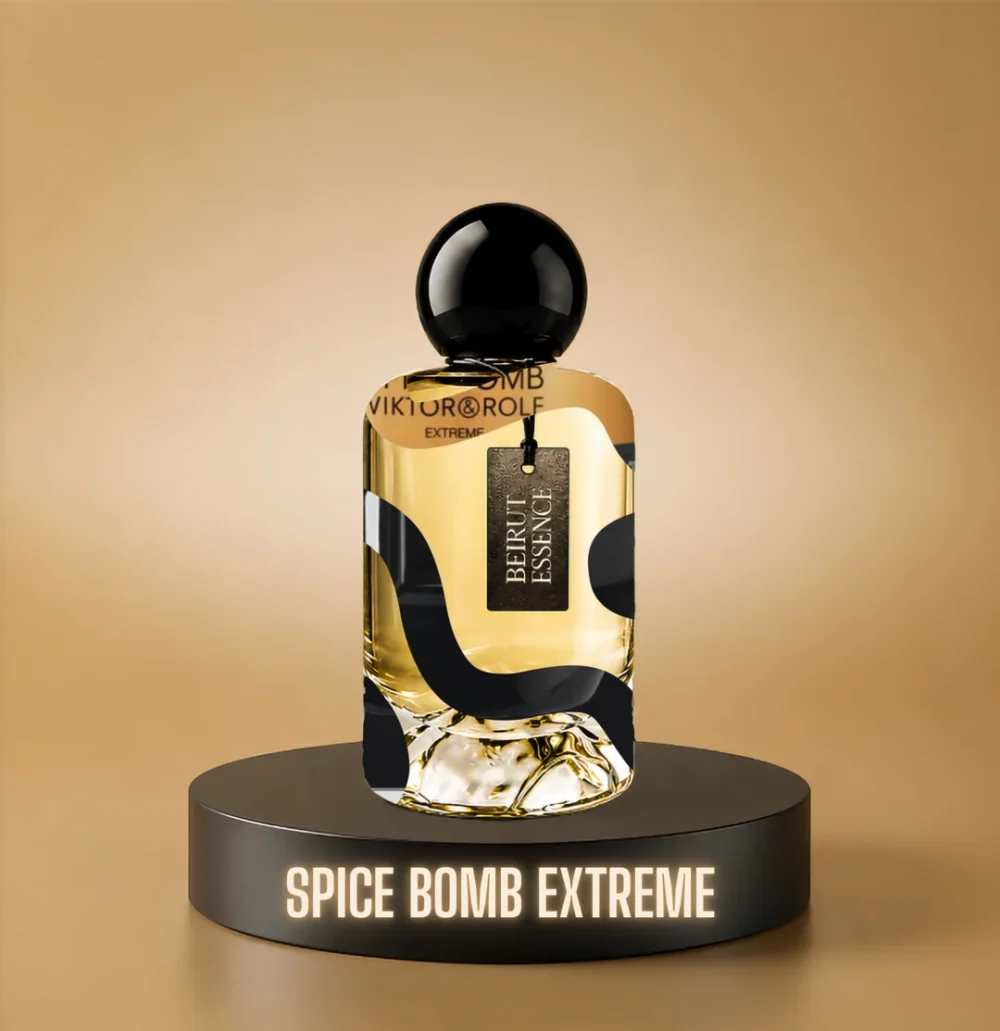 BeirutEssence fragrance inspired by Spicebomb Extreme, photographed on a dark pedestal with a warm gold background