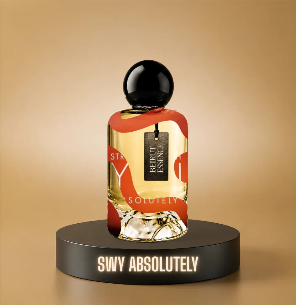 BeirutEssence fragrance inspired by Stronger With You Absolutely, photographed on a dark pedestal with a warm gold background