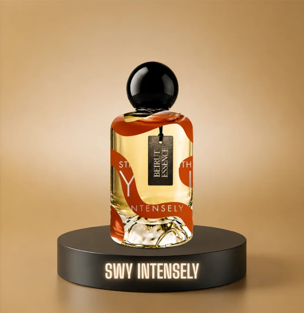 BeirutEssence fragrance inspired by Stronger With You Intensely, photographed on a dark pedestal with a warm gold background