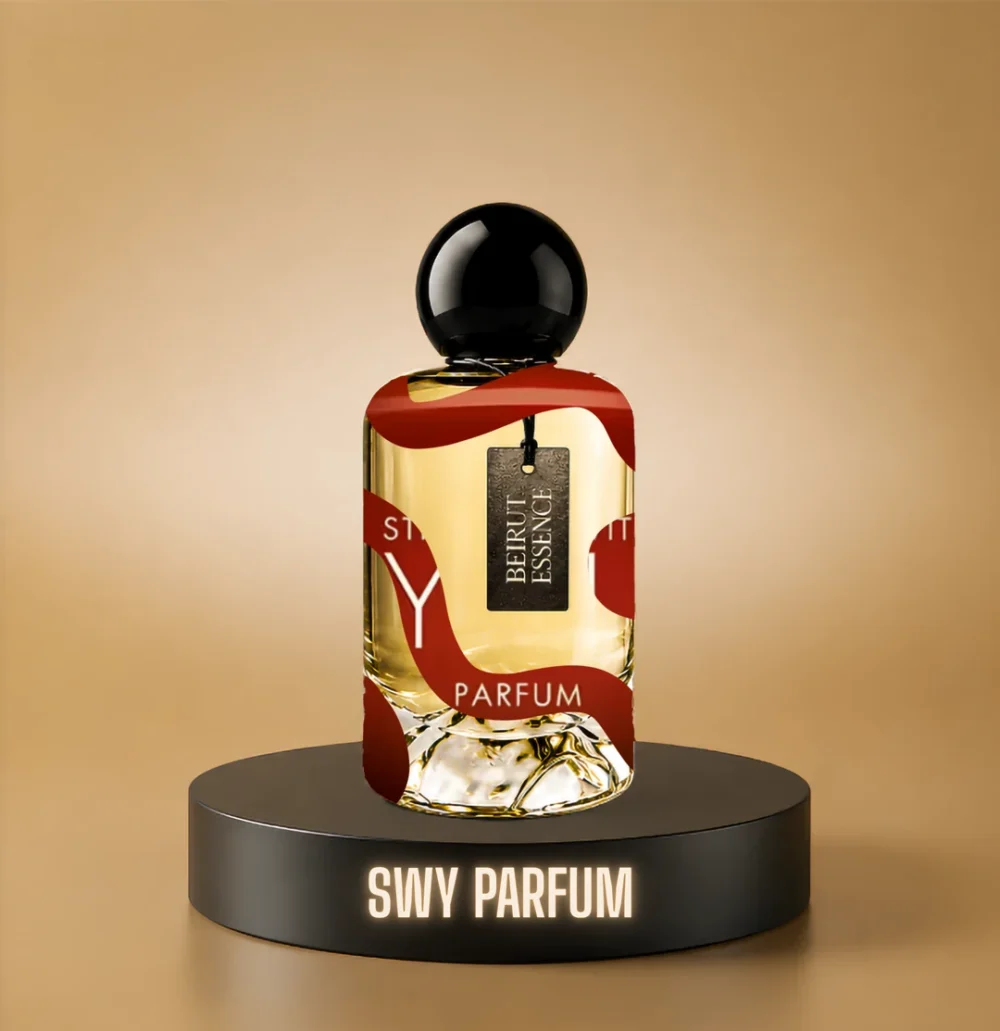 BeirutEssence fragrance inspired by Stronger With You Parfum, photographed on a dark pedestal with a warm gold background