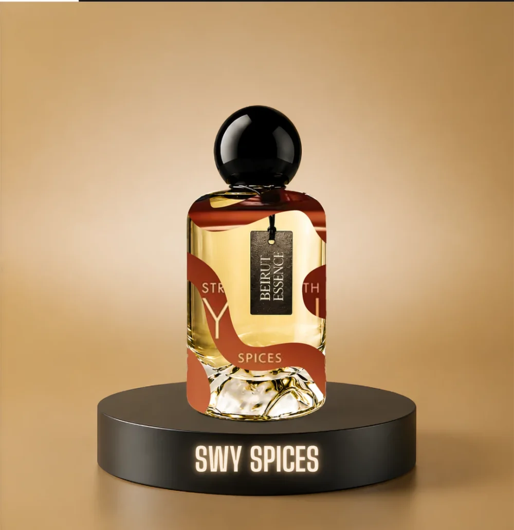 BeirutEssence fragrance inspired by Stronger With You Spices, photographed on a dark pedestal with a warm gold background