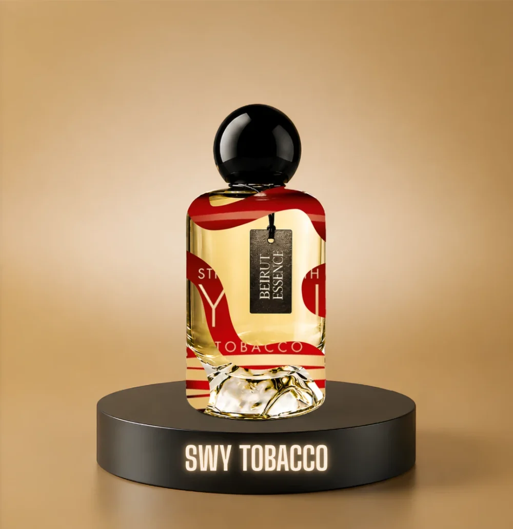BeirutEssence fragrance inspired by Stronger With You Tobacco, photographed on a dark pedestal with a warm gold background