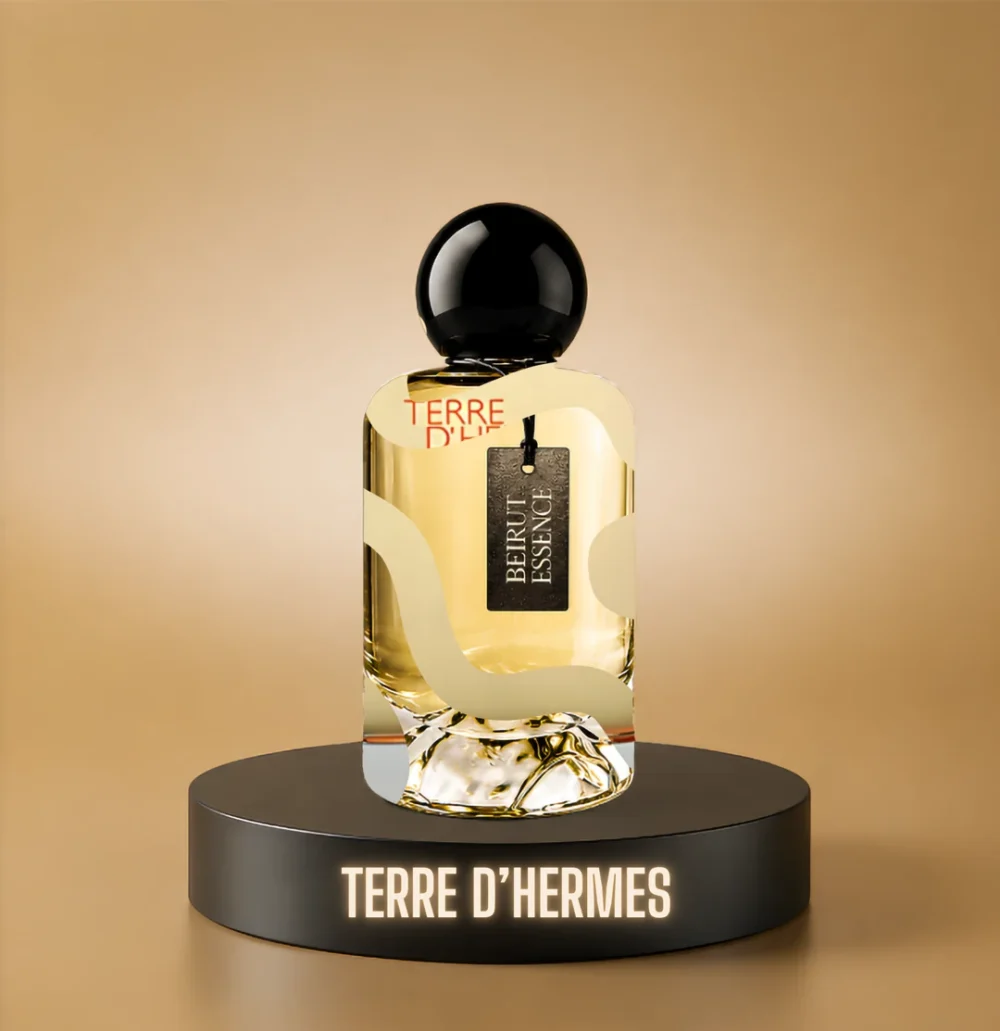 BeirutEssence fragrance inspired by Terre d'Hermès, photographed on a dark pedestal with a warm gold background