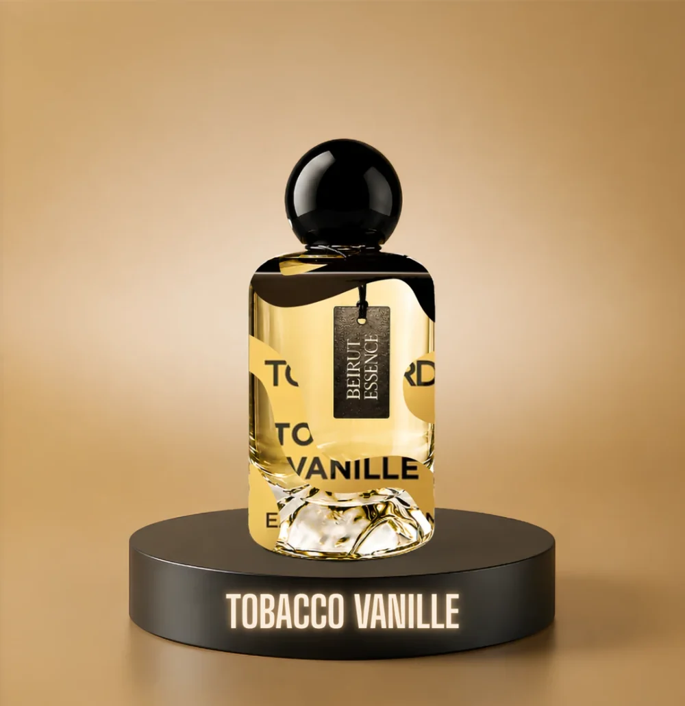 BeirutEssence fragrance inspired by Tobacco Vanille, photographed on a dark pedestal with a warm gold background