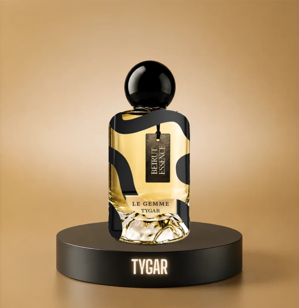 BeirutEssence fragrance inspired by Tygar, photographed on a dark pedestal with a warm gold background