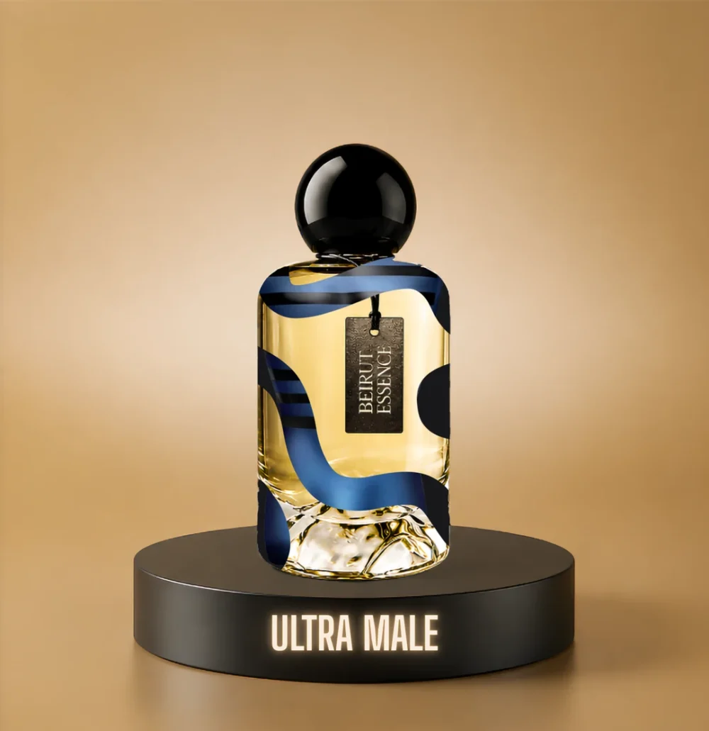 BeirutEssence fragrance inspired by Ultra Male, photographed on a dark pedestal with a warm gold background