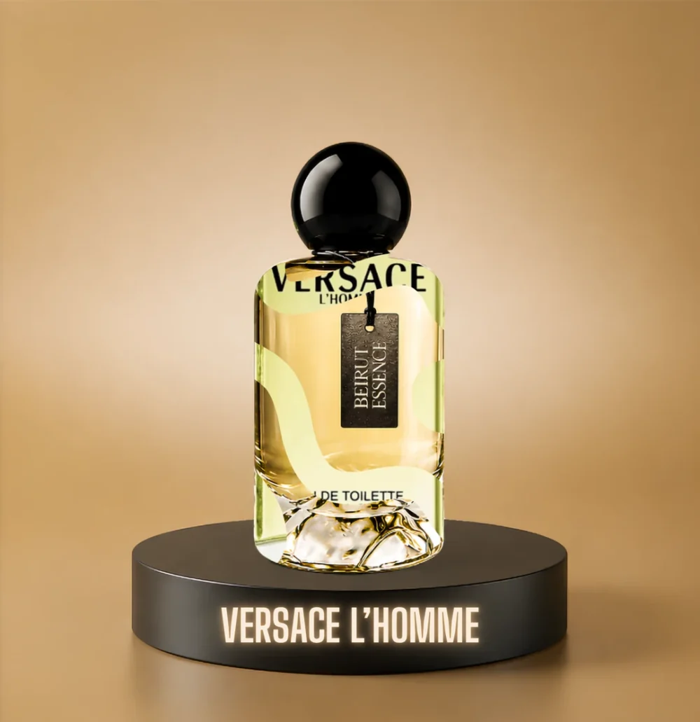 BeirutEssence fragrance inspired by Versace L'Homme, photographed on a dark pedestal with a warm gold background
