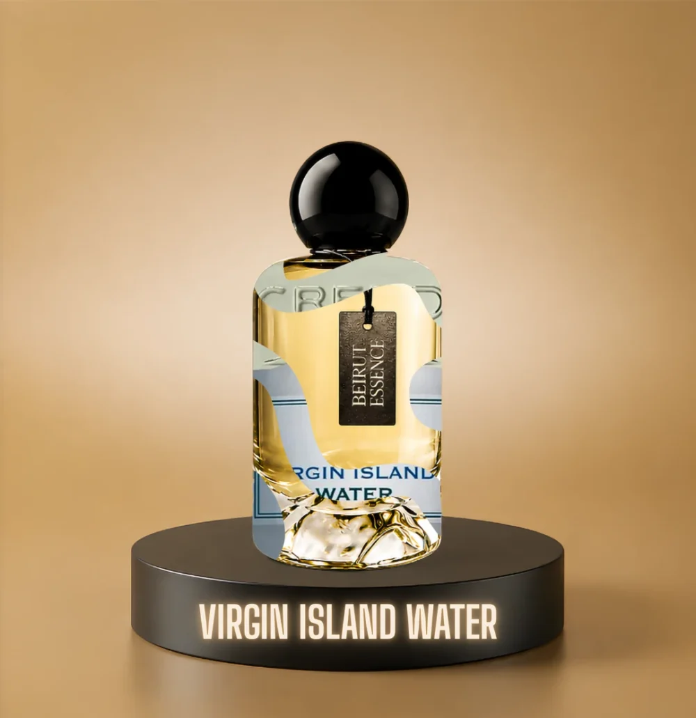 BeirutEssence fragrance inspired by Virgin Island Water, photographed on a dark pedestal with a warm gold background
