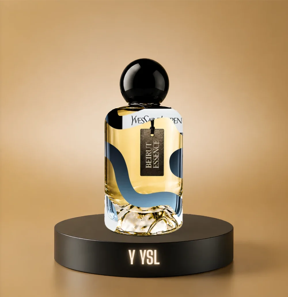 BeirutEssence fragrance inspired by Y, photographed on a dark pedestal with a warm gold background