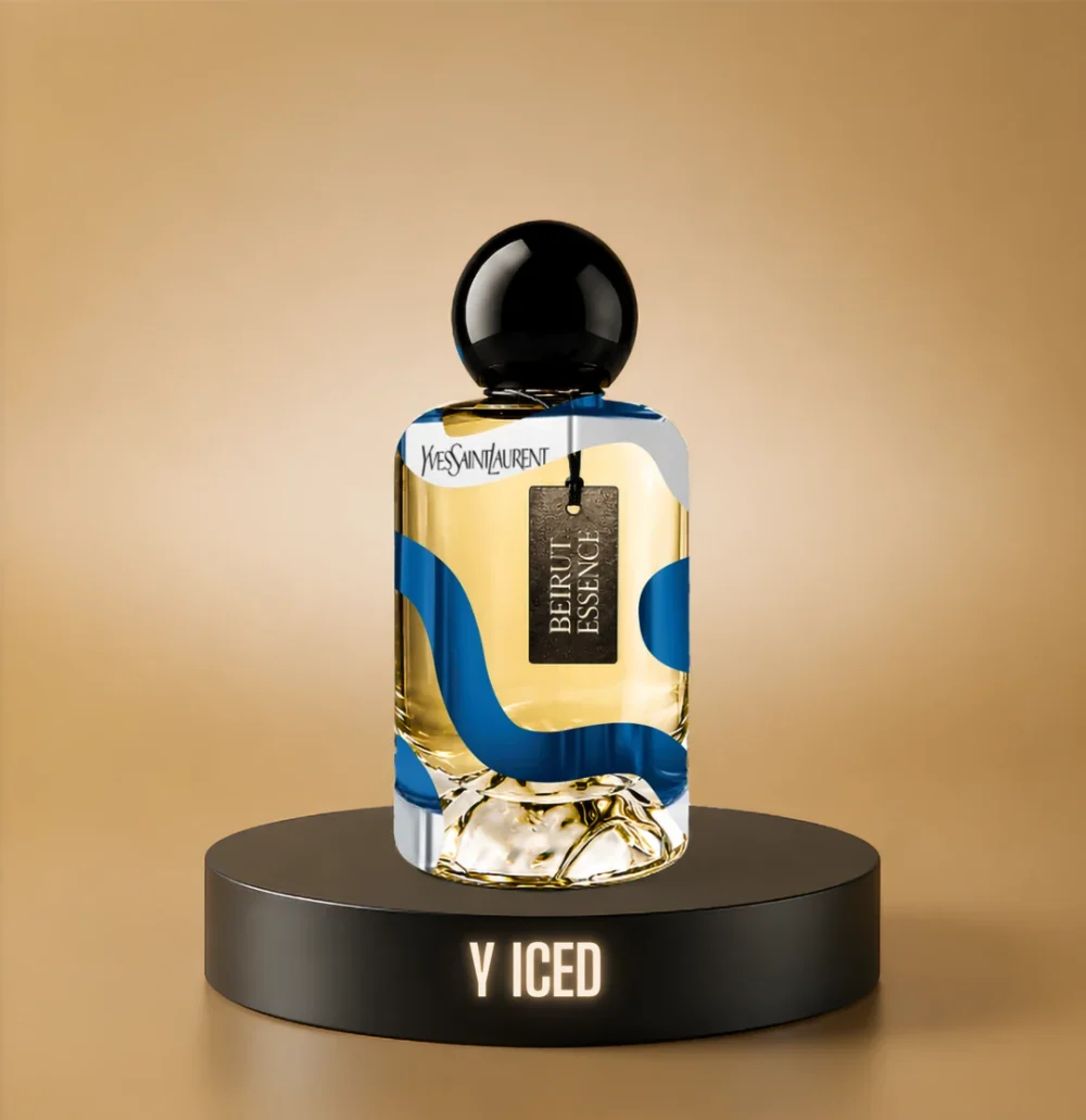 BeirutEssence fragrance inspired by Y Iced, photographed on a dark pedestal with a warm gold background